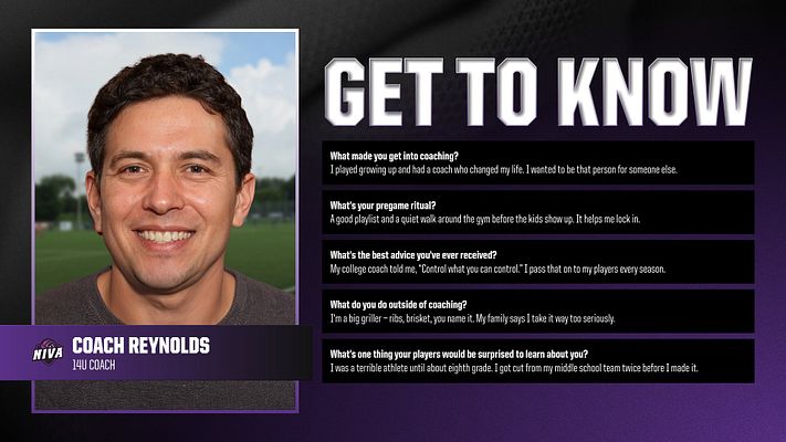 Jersey mesh template with a large photo area on the left for player or coach, bold 'GET TO KNOW' header, and text boxes for background questions on the right, purple and black color scheme.