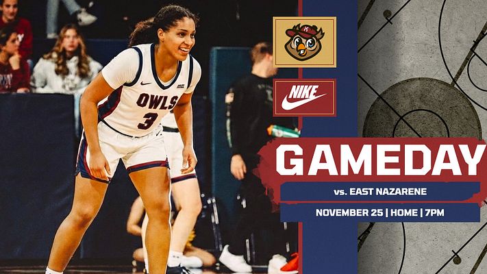 Gameday template featuring full-court basketball background with player action photo on left, team logo and sponsor badges at top right, bold "GAMEDAY" title, opponent name, date, time and location details on red and navy banner design