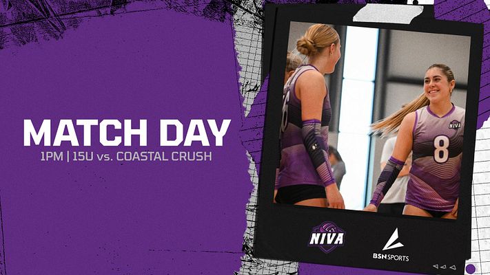 Multi-format social media template with purple background, white headline text on left, and two stacked player photos on right with black borders. Includes match details and logo area at bottom. Designed for game day posts across landscape, Instagram, and Story formats.