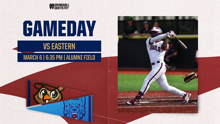Gameday template with textured beige background, bold blue 'GAMEDAY' title, player photo on right, team logos on left, and game details below in red banner.
