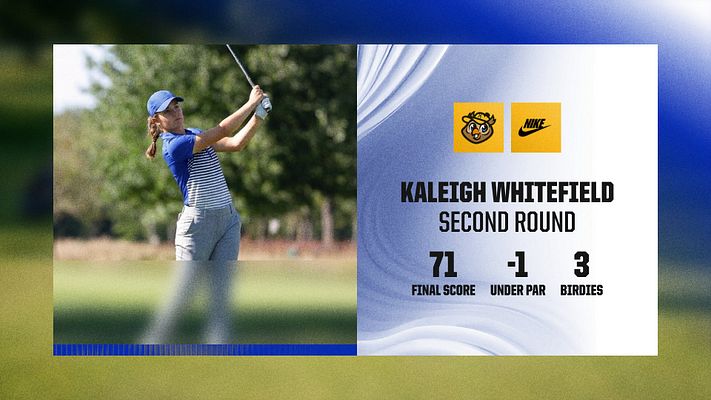 Golf stats template with fractal glass design featuring player photo on left, team logos, player name and round title, and statistics display showing score, par rating, and birdies on right side against blue gradient background