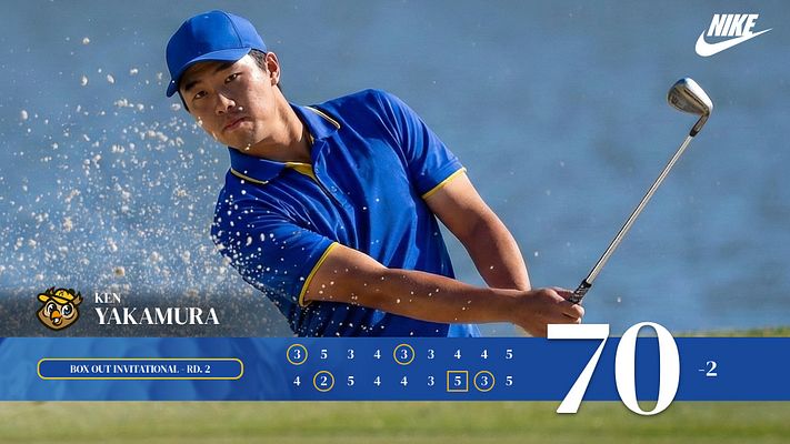Golf scorecard template featuring a golfer in action against a blue sky background, with player name and tournament title on left, detailed scoring grid showing hole-by-hole results in center, and large score total display on right. Includes logo placement and designed for social media sharing.