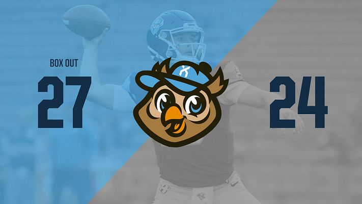 Score update template with split blue and gray background, team names and large score numbers on left and right sides, team logo centered between scores