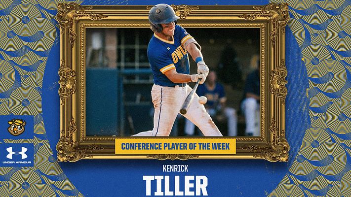 Player spotlight template featuring ornate gold frame on blue background with geometric pattern. Portrait-oriented photo area shows athlete in action, with yellow award banner below frame and name/title text underneath. Exports to landscape, square, and story formats for social media.