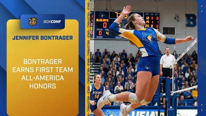 Player spotlight template with a dynamic volleyball player photo on the right, bold name and achievement text on the left, blue and gold color scheme, designed for social media.