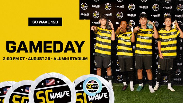 Multi-format social media template with bold 'GAMEDAY' text, featuring a team photo in yellow and black uniforms. Includes space for event details and sticker graphics.