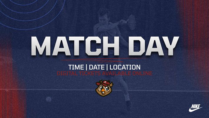 Multi-format template with dark blue background, geometric red accent stripe, and centered white headline text. Includes spaces for time, date, location details, team logo, and promotional messaging. Designed for match day announcements across landscape, Instagram, and story formats.