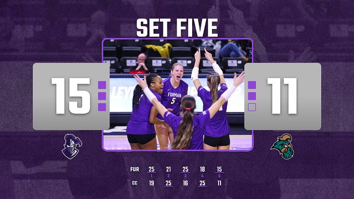 Volleyball set score template with purple background, large central photo area of players celebrating, score boxes on left and right displaying set points, and point-by-point breakdown table below. Designed for social media sharing across landscape, Instagram, and Story formats.