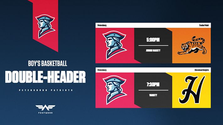 Gameday template for a soccer double header featuring two match schedules in a dual-column format, blue and navy color scheme with team logos and game details prominently displayed.
