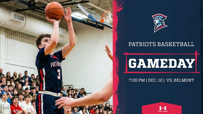 Gameday template with a dynamic photo area featuring a player shooting, bold text for team name and 'GAMEDAY', and a sidebar for game time and opponent details.