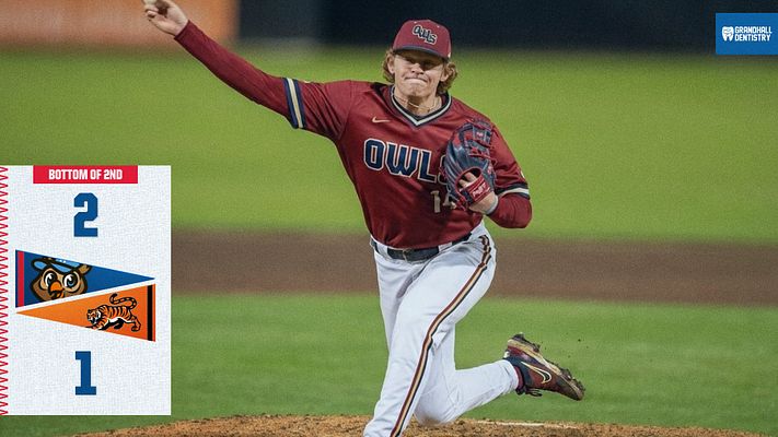 Score template featuring a full-frame photo of a player batting, with a left sidebar displaying game score and inning details in a vertical layout.