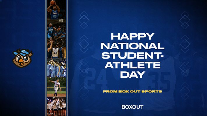 Gallery template for National Student Athlete Day featuring a color background, photo placeholders, bold white text in the center, and a logo at the bottom.