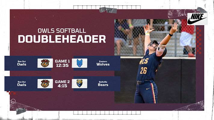 Doubleheader gameday template with retrograde design featuring maroon and navy colors. Two-game matchup layout showing opponent logos, times, and team names. Large player photo area on right side with decorative border elements and logo placement.