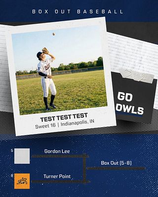 2-team tournament bracket template with dark blue background, featuring team logos on left, player photo in polaroid-style frame, team names and seed information in center, and bracket lines connecting teams for matchup display