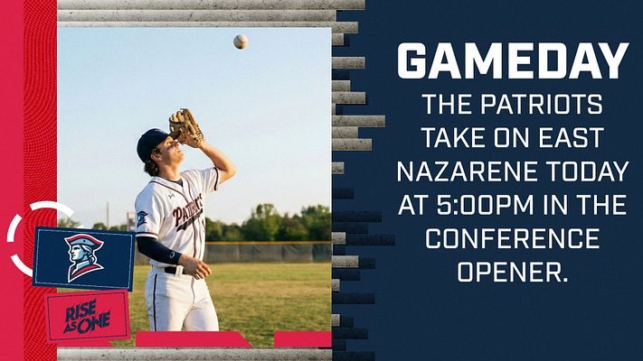 Gameday template with a bold red and blue color scheme, featuring a player in action on the left, game details on the right, logo at bottom, and space for team branding.