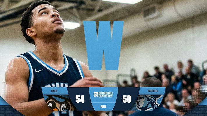 Score update template featuring a large blue 'W' in the center, with team logos at the bottom, final scores displayed for each team, and a dynamic athlete image in the background.