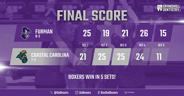 Volleyball final score template with purple background featuring two teams' logos and names on left, set-by-set scores displayed in columns, match result announcement at bottom, and social media handles across footer
