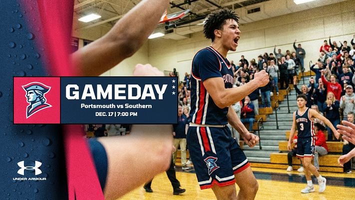 Multi-format gameday template featuring blue and red wave design elements, team logo placement, full-bleed sports photo with overlay banner showing matchup details and date/time. Available in landscape, Instagram, and story formats.
