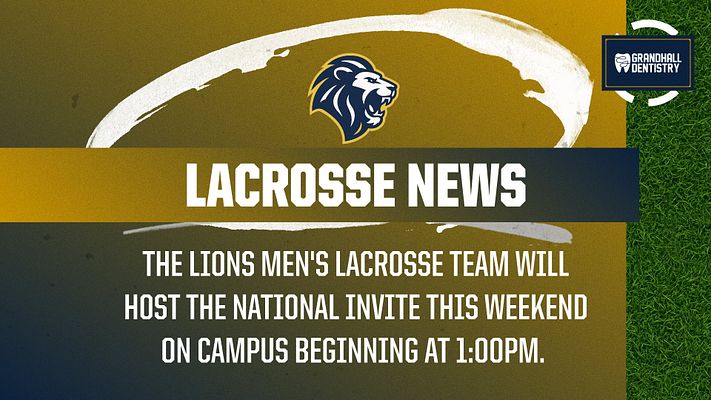 Lacrosse news template with gold and navy color scheme, team logo at top, white crossed lacrosse sticks design, and bold text area for announcements and event details