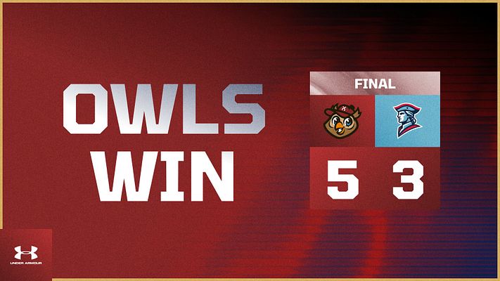 Score update template with fractal glass effect, red and blue gradient background, large "OWLS WIN!" text on left, team mascot logos, final score display (5-3), and logo space. Available in landscape, Instagram, and story formats.
