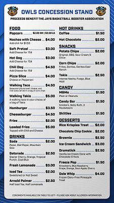 Portrait-oriented concessions menu template with light blue background and navy text, organized in columnar sections for Food, Hot Drinks, Snacks, Candy, and Desserts, each with item names and prices, designed for sports venue video board display