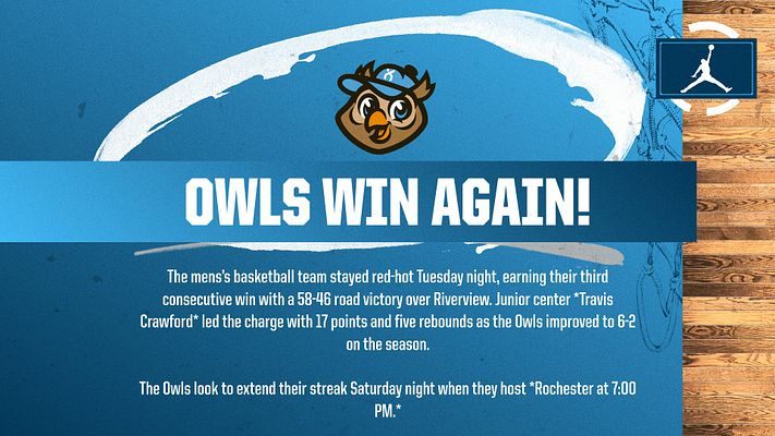Basketball headline template with a bold blue background, large text area for 'OWLS WIN AGAIN!', player mascot graphic, and space for detailed match recap below.