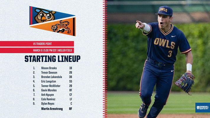 Lineup template with heritage style featuring large player photo on left, opponent logos and game details at top center, and numbered roster list on right with player names and positions on cream background