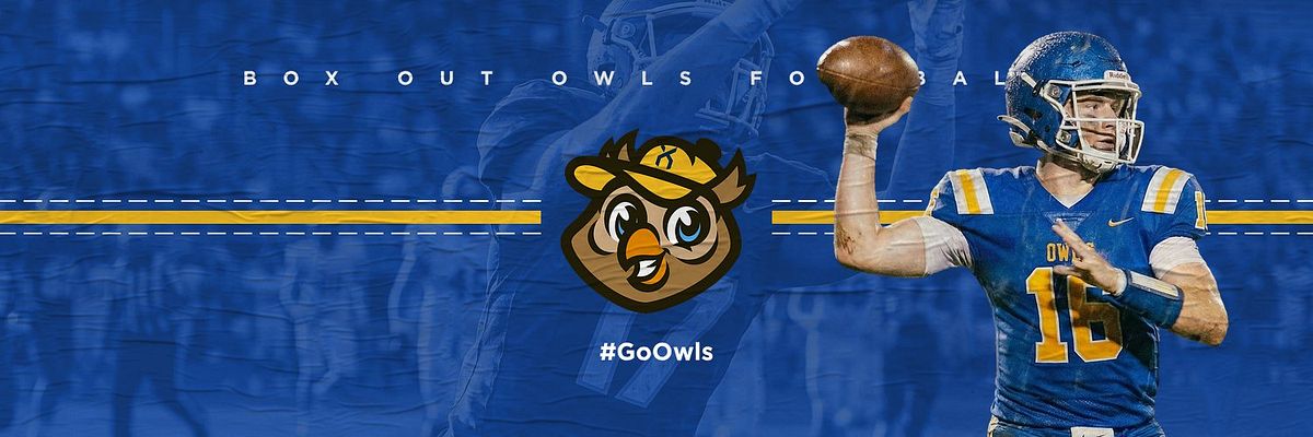 Landscape social media banner template with navy blue background featuring team logo centered between horizontal gold stripes, headline text area at top, player photo placeholder on right, and hashtag area below logo