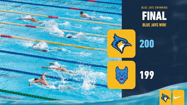 Score update template for swimming with a vibrant yellow and blue color scheme, featuring a swimming pool background, team logos, and final score boxes on the right.
