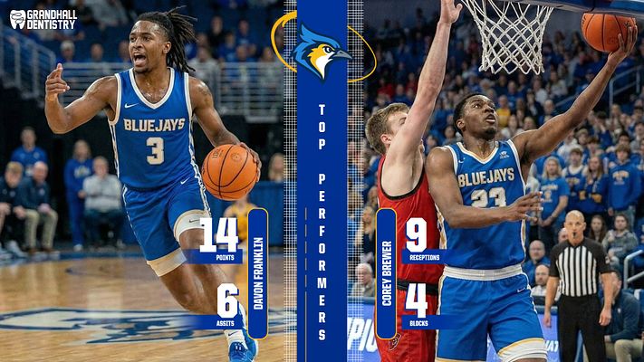 Multi-format basketball player spotlight template featuring two players on blue and red uniforms with stat overlays, team logo and grid pattern center divider. Exports to landscape, square, and story formats for social media.