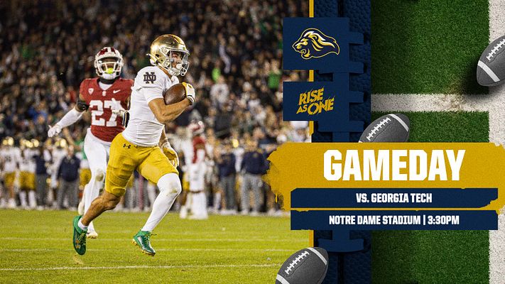 Gameday template with split layout: left side features a large photo of players celebrating; right side has event details with bold 'GAMEDAY' title, date, and arena info.
