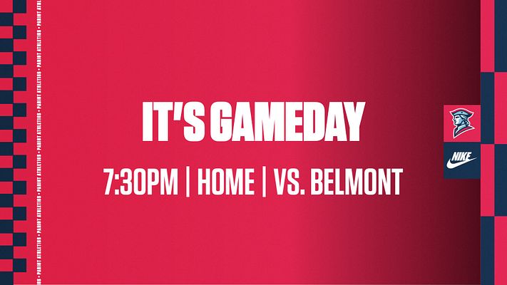 Game day announcement template with bold white text on vibrant red and dark navy gradient background. Features 'IT'S GAMEDAY' headline with game details below (time, home/away, opponent). Checkered pattern accent on left edge with logo placeholders on right side. Multi-format layout suitable for social media.