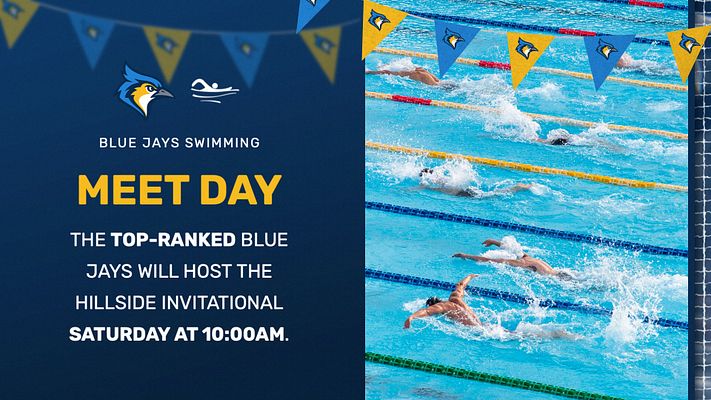 Landscape template with blue background, swimmer photo on right, blue text area for upcoming events, team logo at top, and triangular flags at the top for decoration.