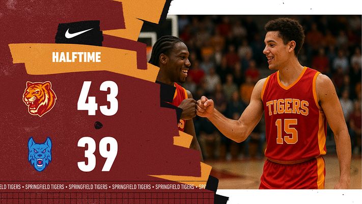 Basketball score template with a dramatic action shot on the right, team logos and score displayed prominently in bold font on the left, vibrant red and gold color scheme.
