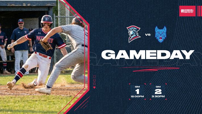 Gameday template with dark blue textured background, large angled photo placeholder on left showing baseball action, centered "GAMEDAY" text with team logos and "vs" separator, and game time details below right side.