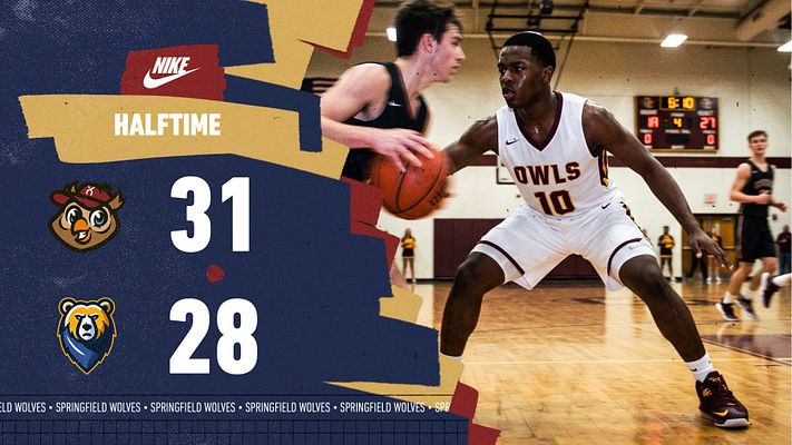 Score template with burgundy and gold highlighter-style design, featuring halftime scores on left with team logos and large numbers, dynamic basketball player action photo on right, available in landscape and portrait formats