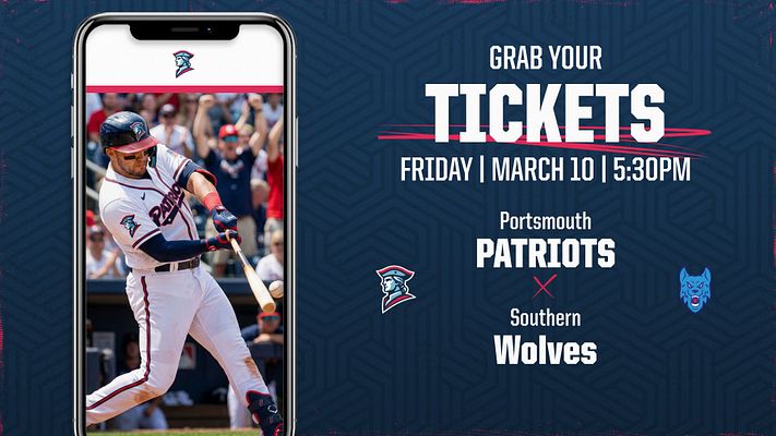 Multi-format game day template featuring player photo on mobile device, bold white typography, dark blue background with geometric pattern, and opponent matchup details. Designed for landscape, Instagram, and story formats with team logos and ticket call-to-action.