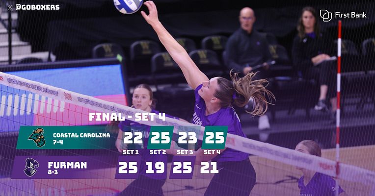 Volleyball score template with action photo of player spiking ball, displaying final set results for two teams with score rows and set-by-set breakdown in bold white text overlay on purple court background