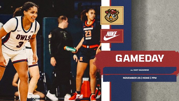 Gameday template featuring full-court basketball background with player action photo on left, team logo and sponsor badges at top right, bold "GAMEDAY" title, opponent name, date, time and location details on red and navy banner design