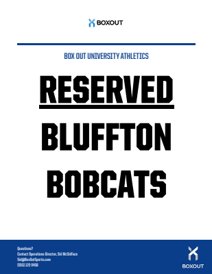 PDF announcement template with centered layout, featuring Box Out University Athletics header, large bold black headline text, and navy footer banner with contact information and logo