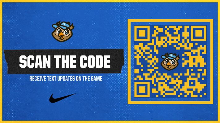 Red QR code template featuring a large QR code on the right, bold black text urging to 'Scan the Code', and school logo at the top. Designed for game updates.