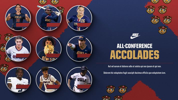 Multi-player spotlight template with 9 circular player photo placeholders arranged in a 3x3 grid, navy and red background, decorative gold emblems, and text area for all-conference accolades. Available in landscape, Instagram, and story formats for social media sharing.