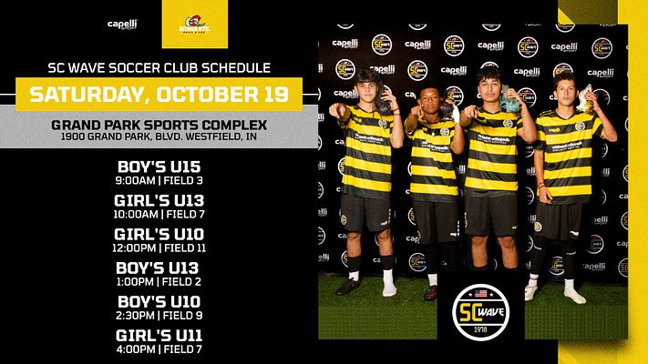 Club schedule template with black background and yellow accent stripe. Features team photo on right showing athletes in striped uniforms, event date in bold yellow banner, venue and address details, and multiple match times and field assignments listed on left side for various age groups and divisions.