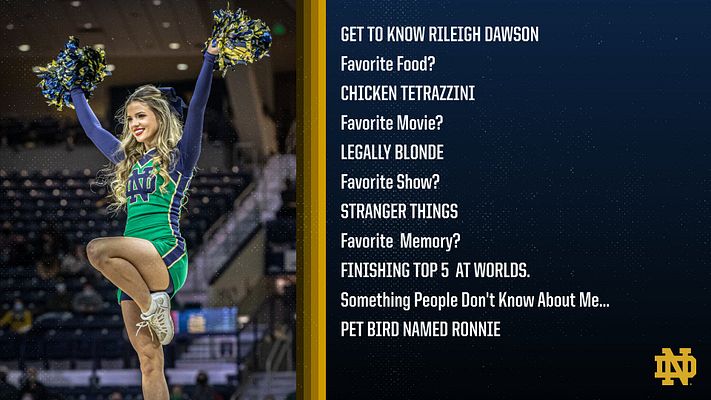 Cheerleading graphic template with a left photo area for an athlete holding pom-poms and multiple text lines on the right for fun Q&A details, featuring a navy and gold color scheme.