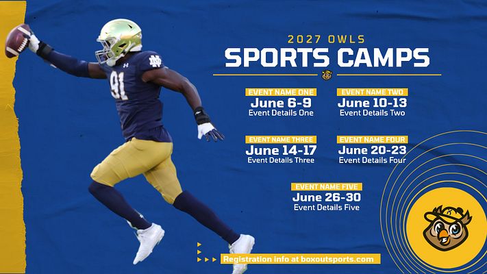 Camp promotion template featuring a dynamic athlete image in action on the left, with event details in bright yellow boxes on a blue background, and a logo in the lower right corner.