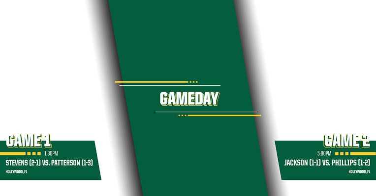 Double-header gameday template featuring split layout. Left side shows player photo for Game 1 with matchup details, right side for Game 2. Green and gold color scheme.