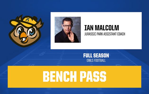 Wide season credential template featuring a lion logo, photo placeholder on the left, name and title section, with a bold 'BENCH PASS' label and vibrant gold and blue colors.
