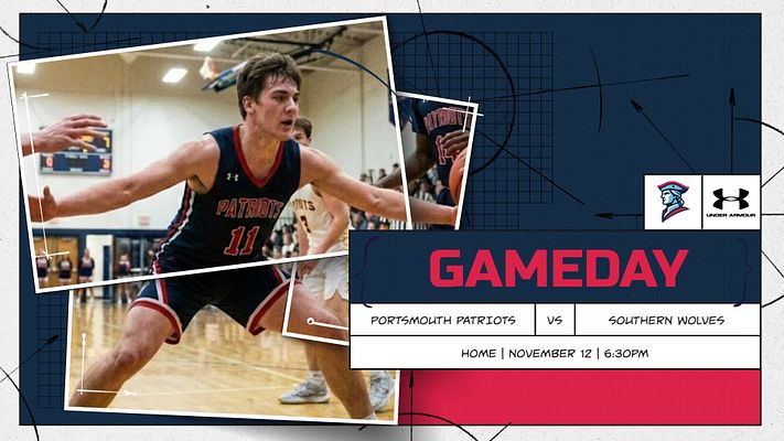 Multi-format gameday template with dark blue background, abstract blueprint grid design, angled photo frames featuring basketball player, red and white text areas for team names and game details, team logos, available in landscape, Instagram, and story formats