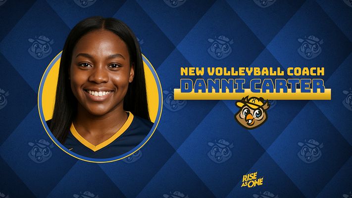 Player spotlight template with diamond grid design, prominent circular photo area on left, bold headline with coach's name, and vibrant blue and gold color scheme.