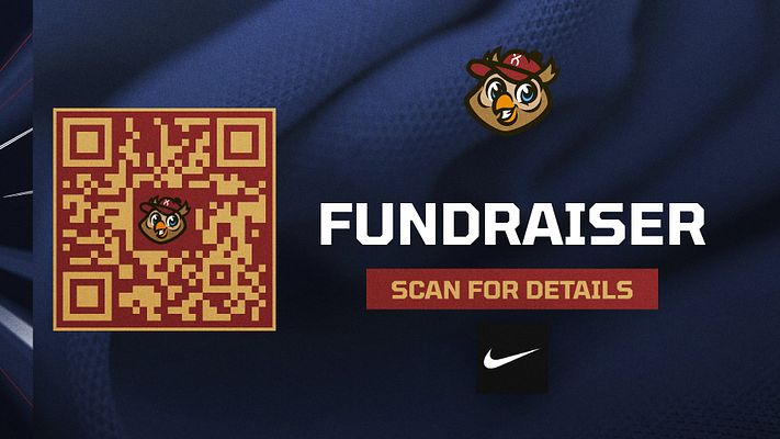 Announcement template featuring a QR code prominently on the left, purple gradient background, bold 'FUNDRAISER' text, and a 'SCAN FOR DETAILS' button on the right.